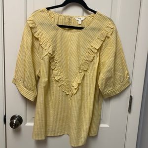 1X Terra & Sky Women's Plus Size RufflePeasant Top Woven Yellow Stripe 16W-18W